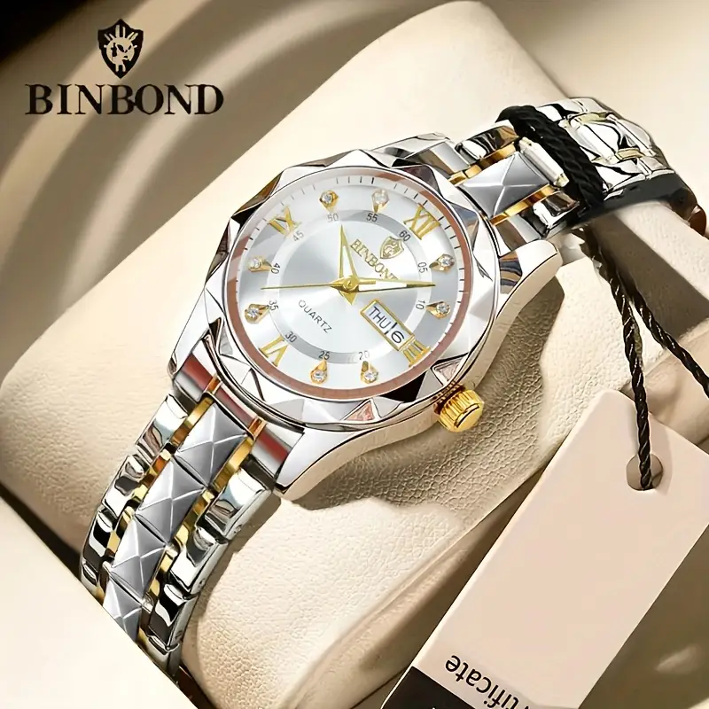 ساعت مچی زنانه بین باند BINBOND بینبند اورجینال دو تقویم فول استیل رنگ ثابت و ضد اب